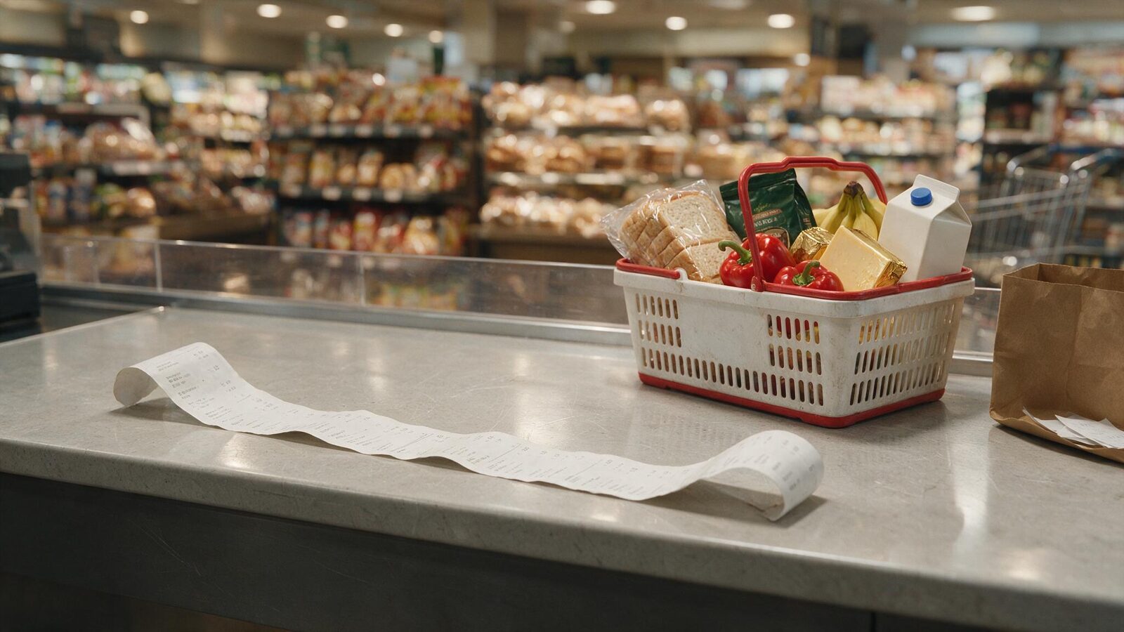 Market kasasında uzayan bir fiş ve alışveriş sepeti