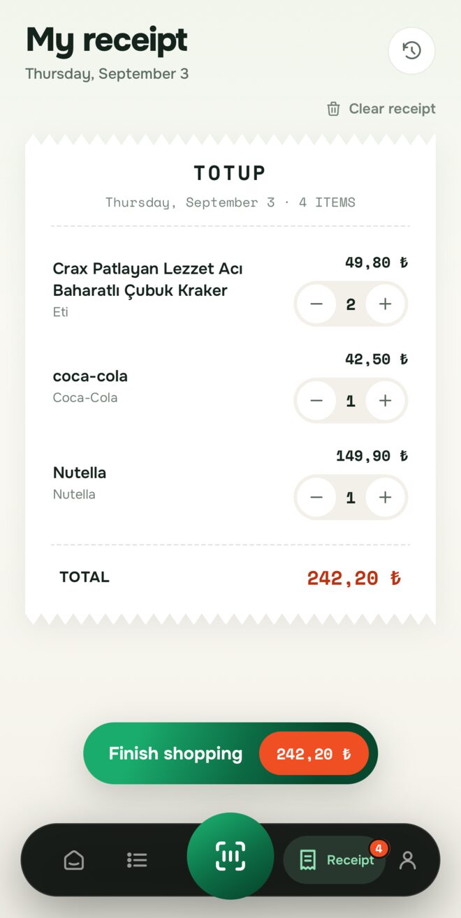 Totup receipt showing the basket total