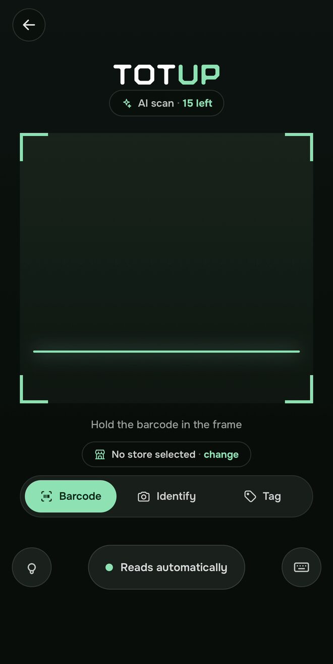 Totup scan screen with the barcode frame