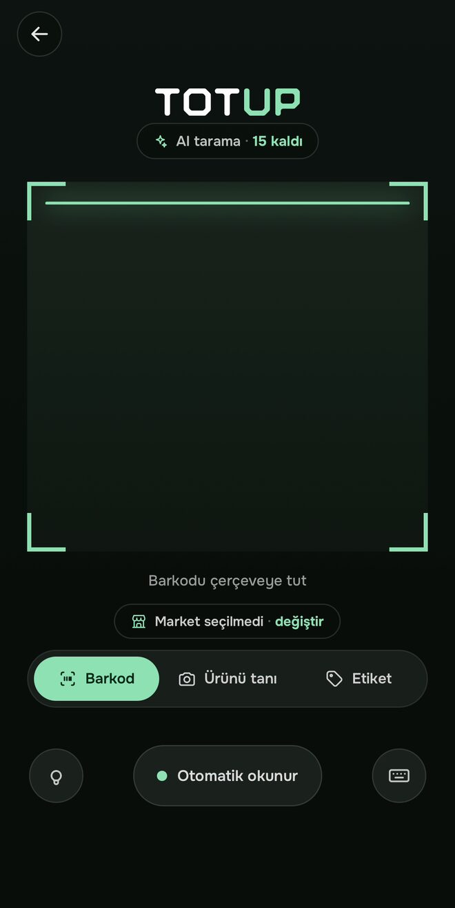 Totup tarama ekranı, barkod çerçevesi